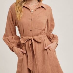 Clay Button Down Tie Waisted Shirt Midi Dress